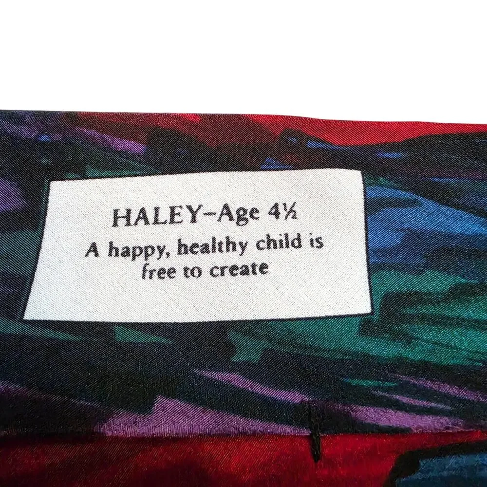 Vtg Save the Children Silk Tie Cat 90s Novelty Kid Art Abstract Orange Purple